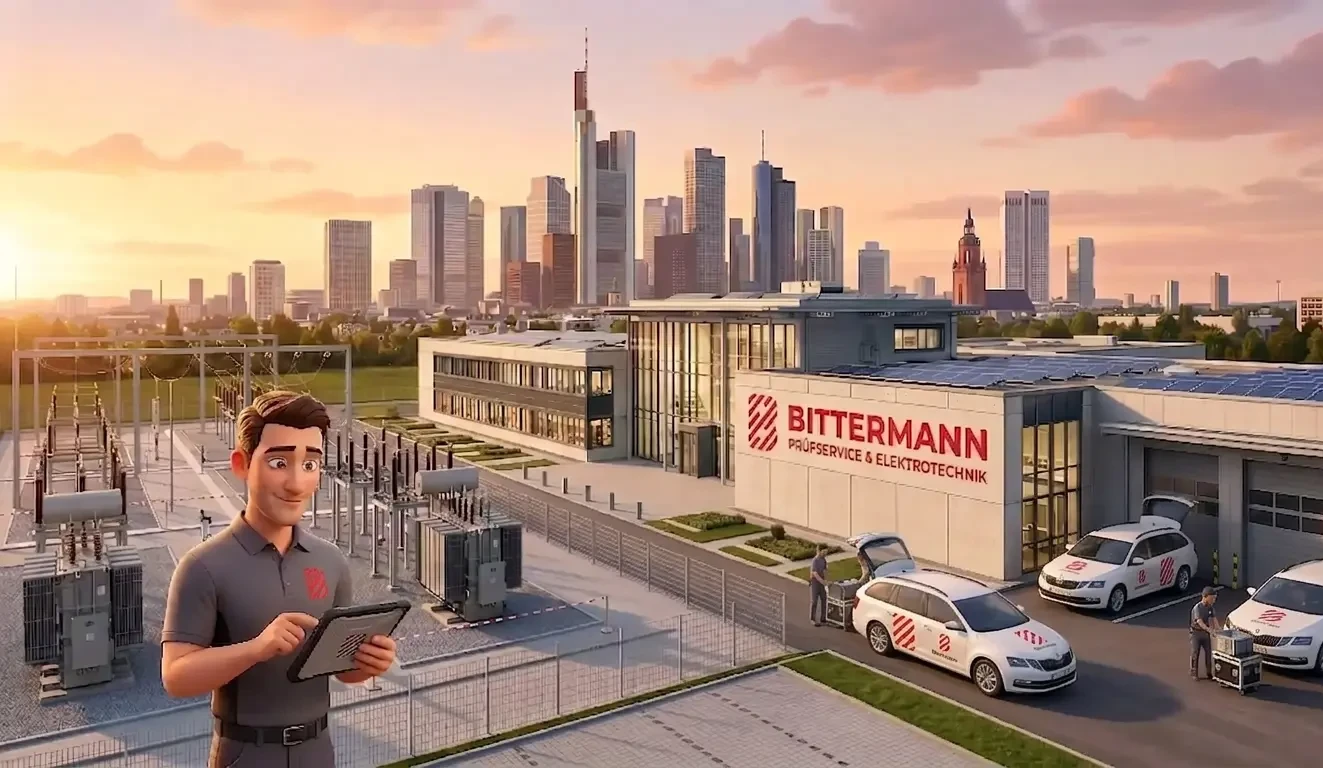 Illustration eines Firmengeländes mit Bittermann-Schriftzug vor einer Großstadt-Skyline im Sonnenuntergang. Zu sehen sind Firmengebäude mit Solaranlagen, ein Umspannwerk, Einsatzfahrzeuge und zwei stilisierte Techniker-Avatare.