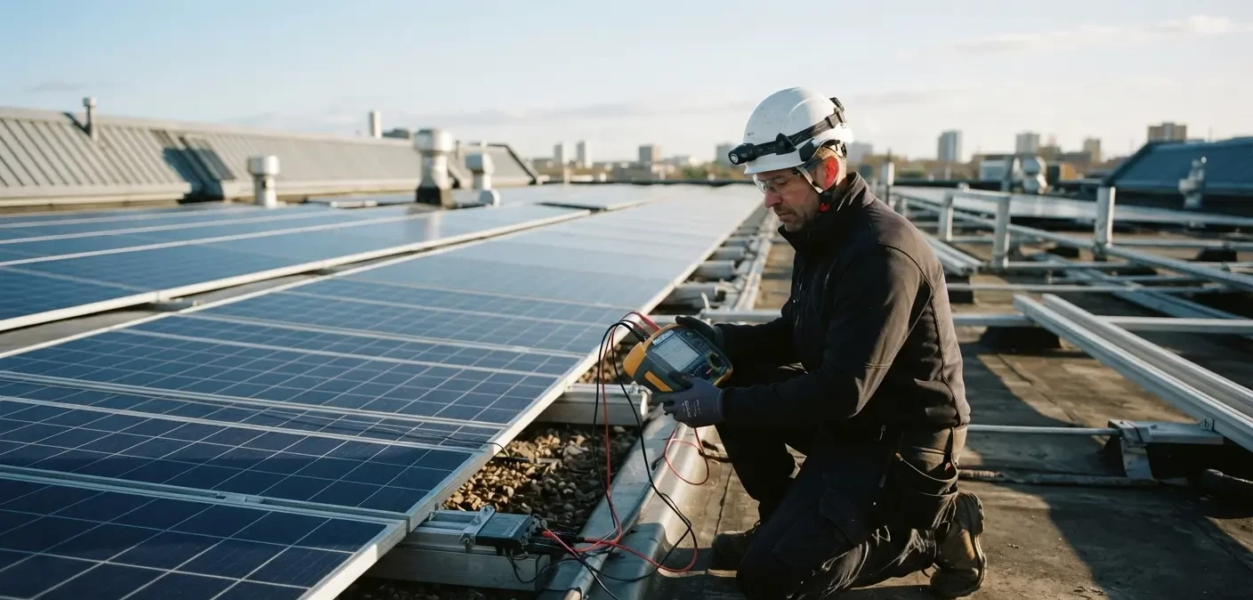Techniker prüft eine Photovoltaikanlage auf einem Dach